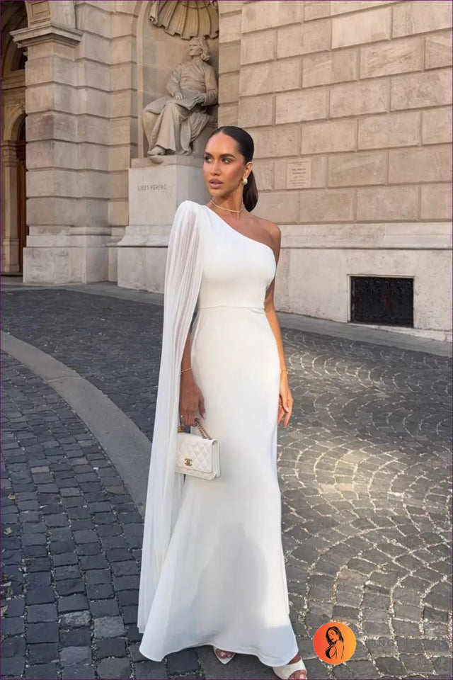 One Shoulder Maxi Dress with Pleated Cape - Light Blue Evening Grace