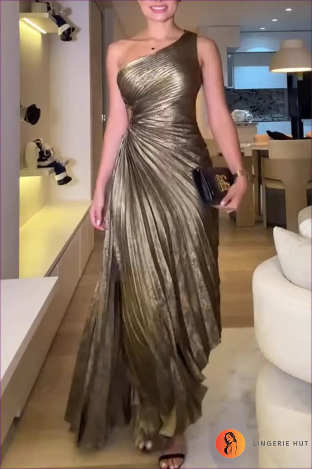 One Shoulder Maxi Dress with Radiant Pleats