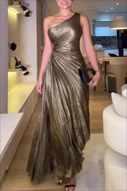 One Shoulder Maxi Dress with Radiant Pleats - Evening Glamour for Backless, Cutout, Dress, Evening Wear,