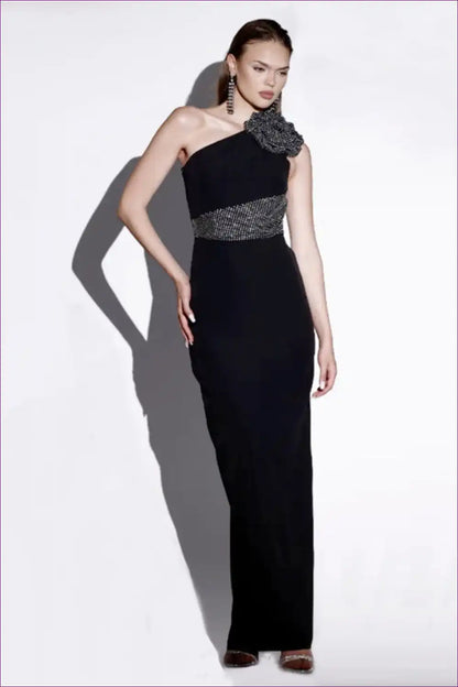 One Shoulder Maxi Dress with Rhinestone Detail - Gala Ready for Bodycon, Evening Wear, Formal Glamour,