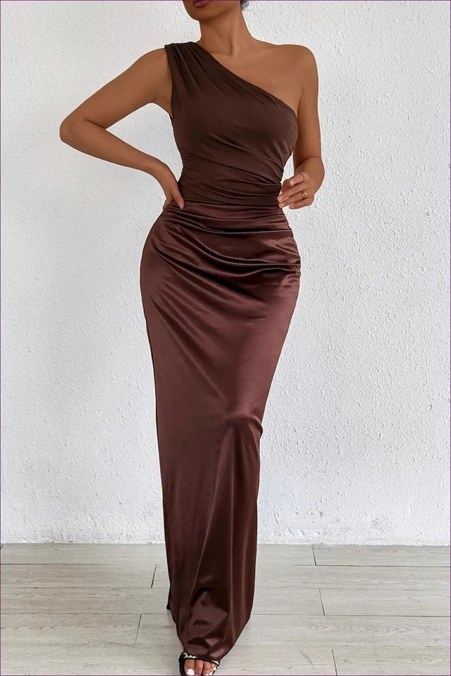 One Shoulder Maxi Dress with Ruched Waist - Elegant Evenings