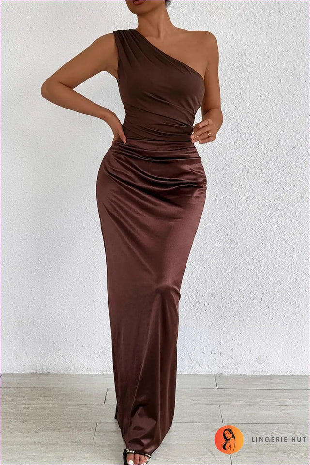 One Shoulder Maxi Dress with Ruched Waist - Elegant Evenings