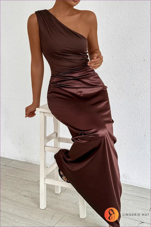 One Shoulder Maxi Dress with Ruched Waist - Elegant Evenings