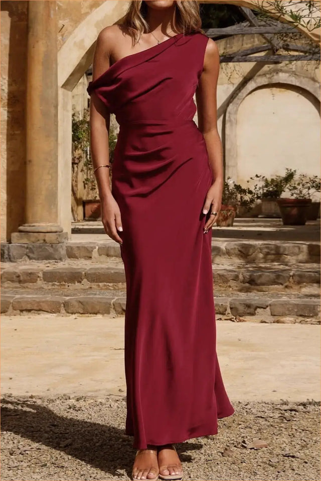 One Shoulder Maxi Dress with Ruched Waist - Formal