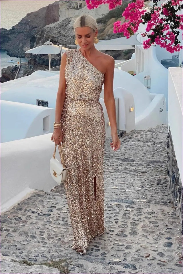 One-Shoulder Maxi Dress with Sequin Split - Summer Elegance