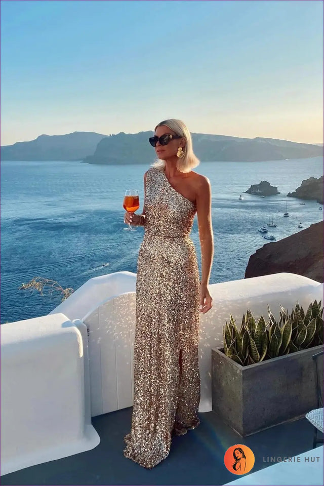 One-Shoulder Maxi Dress with Sequin Split - Summer Elegance