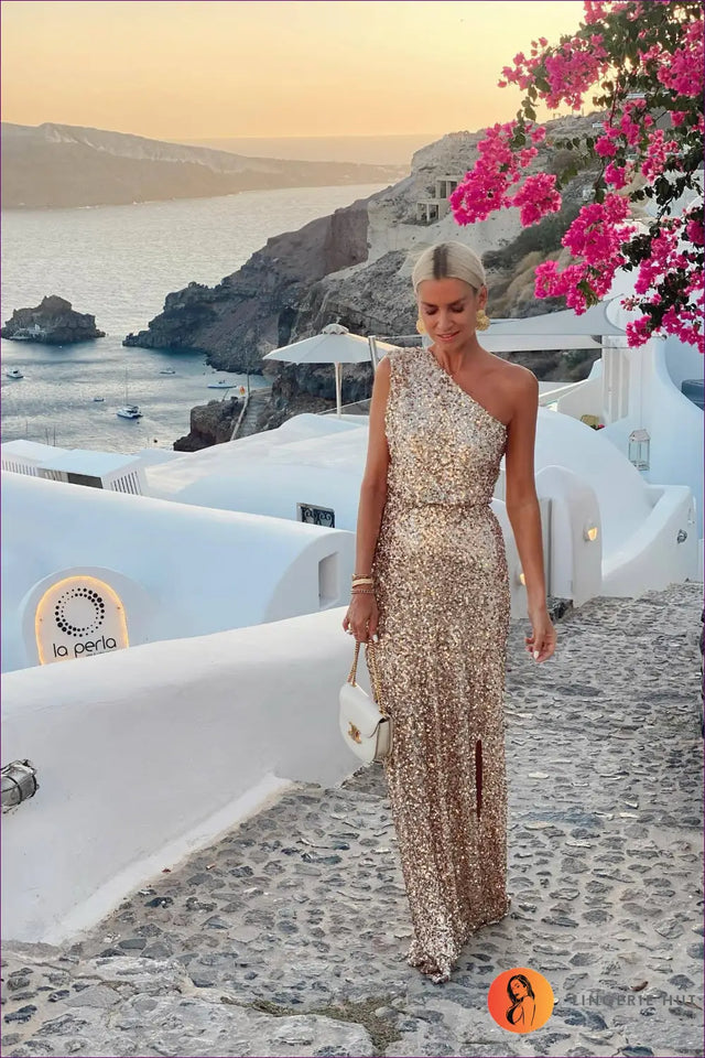 One-Shoulder Maxi Dress with Sequin Split - Summer Elegance