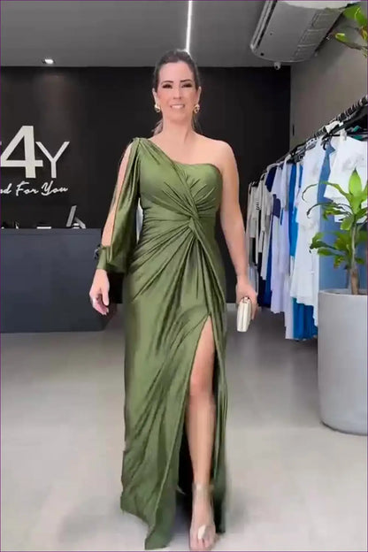 One Shoulder Maxi Dress with Side Slit - Effortless Elegance - s / Green - Dresses - Lingerie Hut - A-line • Autumn