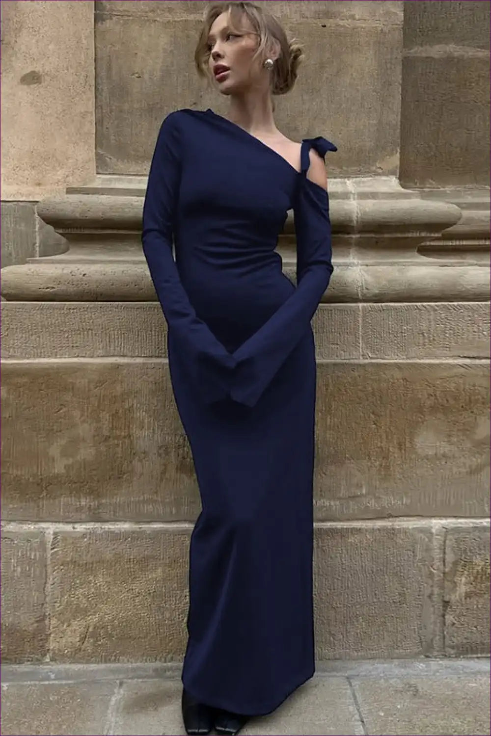 Off Shoulder Maxi Dress with Waist Tie and Split - Effortless Drama for Autumn, Bodycon, Everyday, just In,