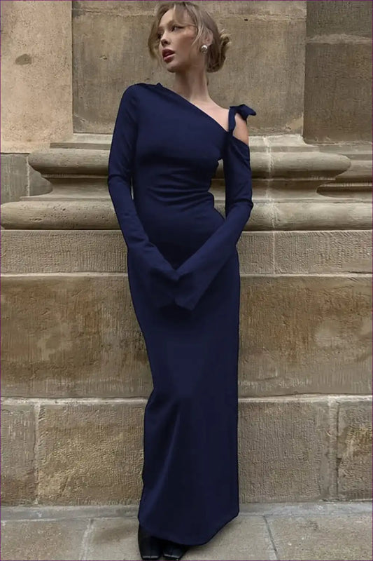 Off Shoulder Maxi Dress with Waist Tie and Split - Effortless Drama for Autumn, Bodycon, Everyday, just In,