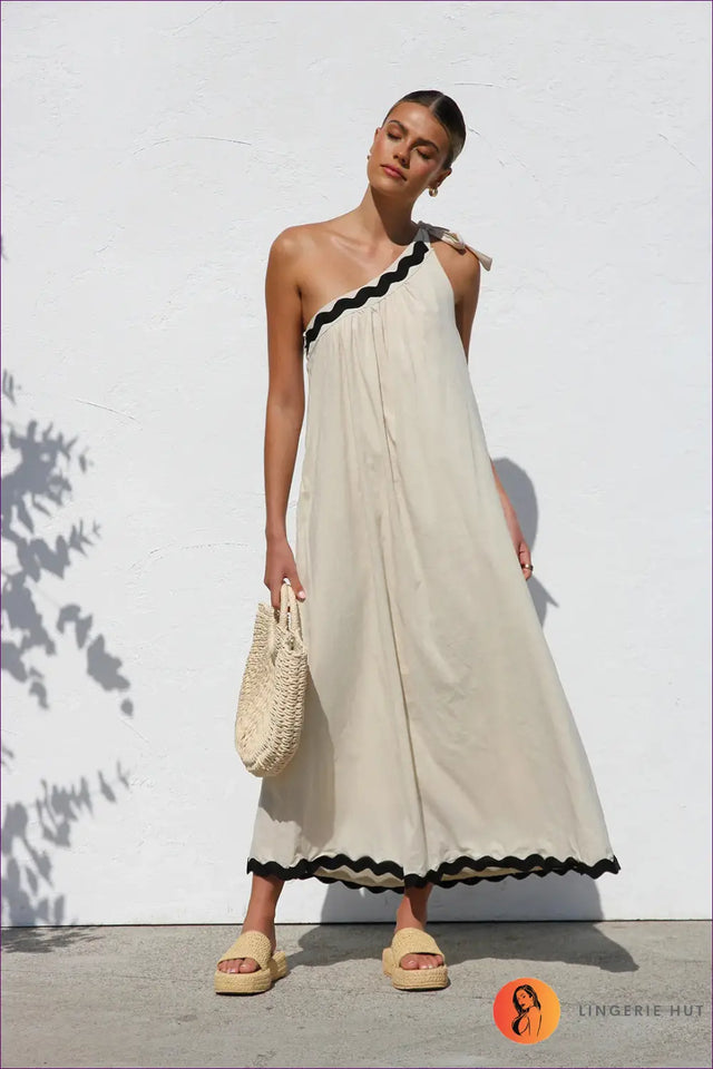 One Shoulder Maxi Dress with Wavy Trim - Effortless Resort Style