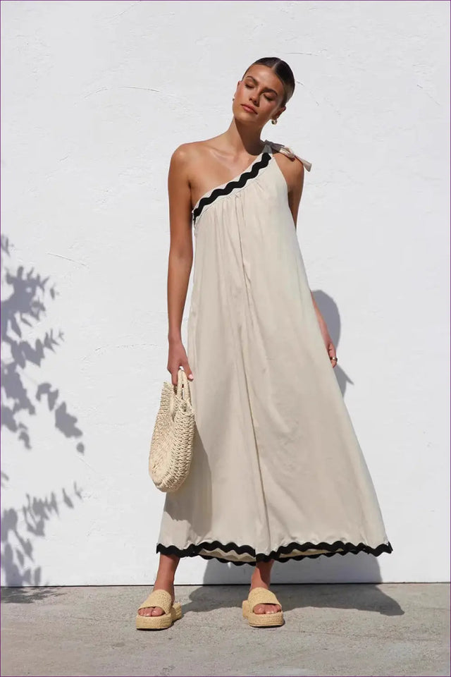 One Shoulder Maxi Dress with Wavy Trim - Effortless Resort Style