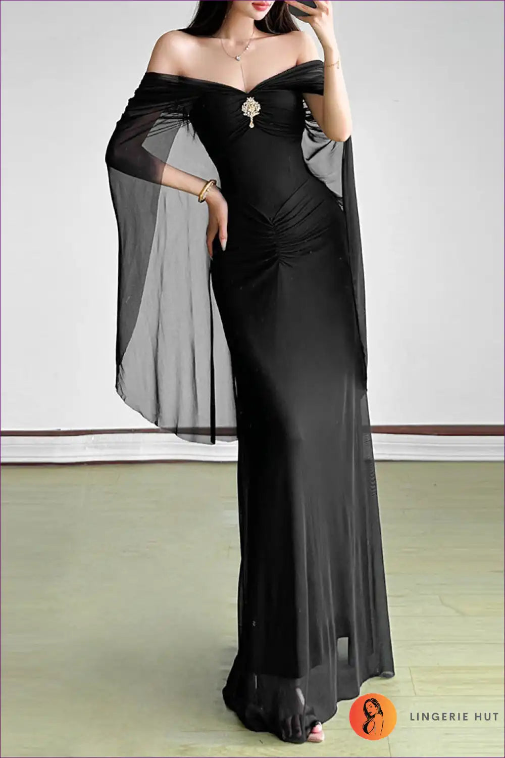 Off Shoulder Mesh Maxi Dress with Ruched Waist for Parties Bodycon, Clubwear, just In, Lace,