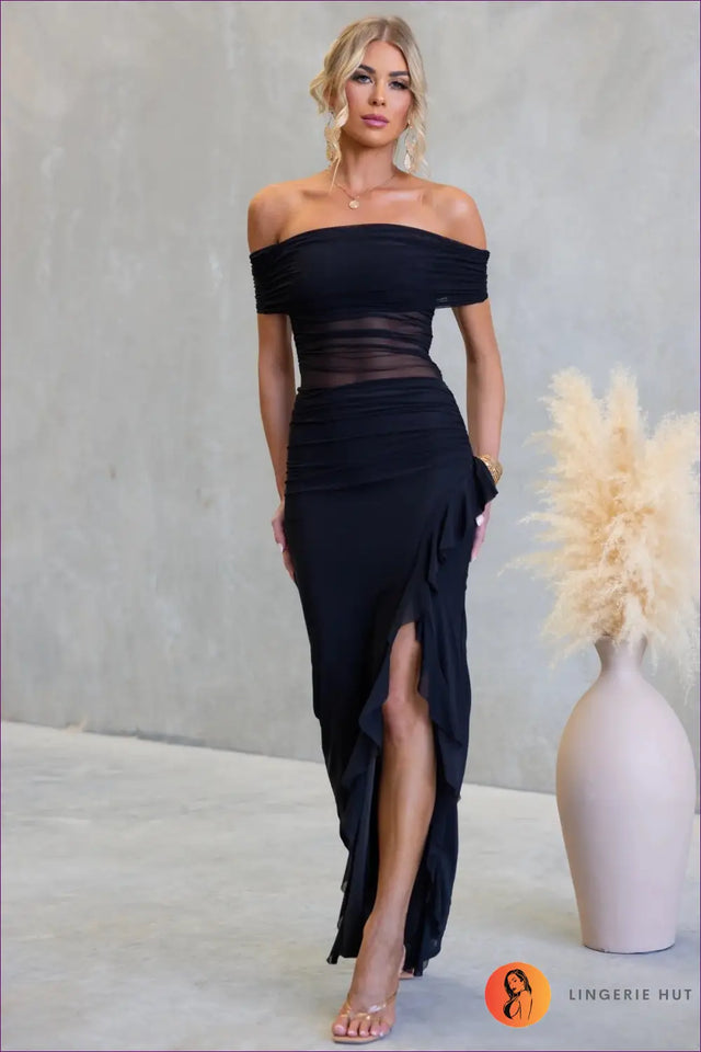 Off Shoulder Mesh Maxi Dress - Summer Evening Glamour