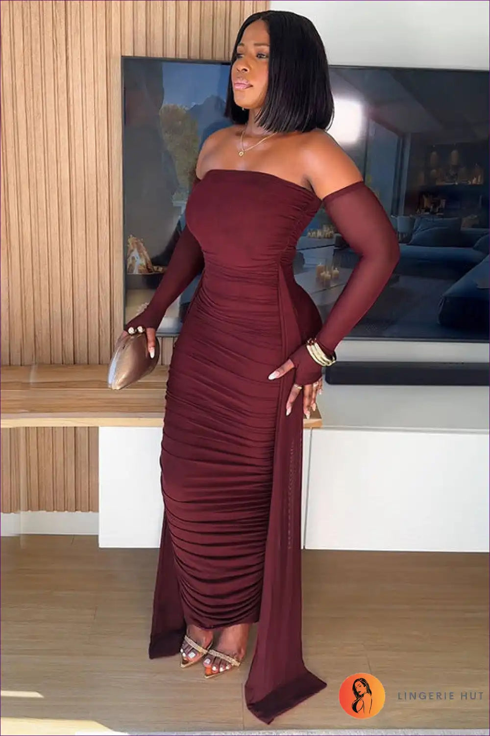 Off Shoulder Mesh Ruched Maxi Dress with Ribbon Detail for Evening Wear, Formal Glamour, just In,