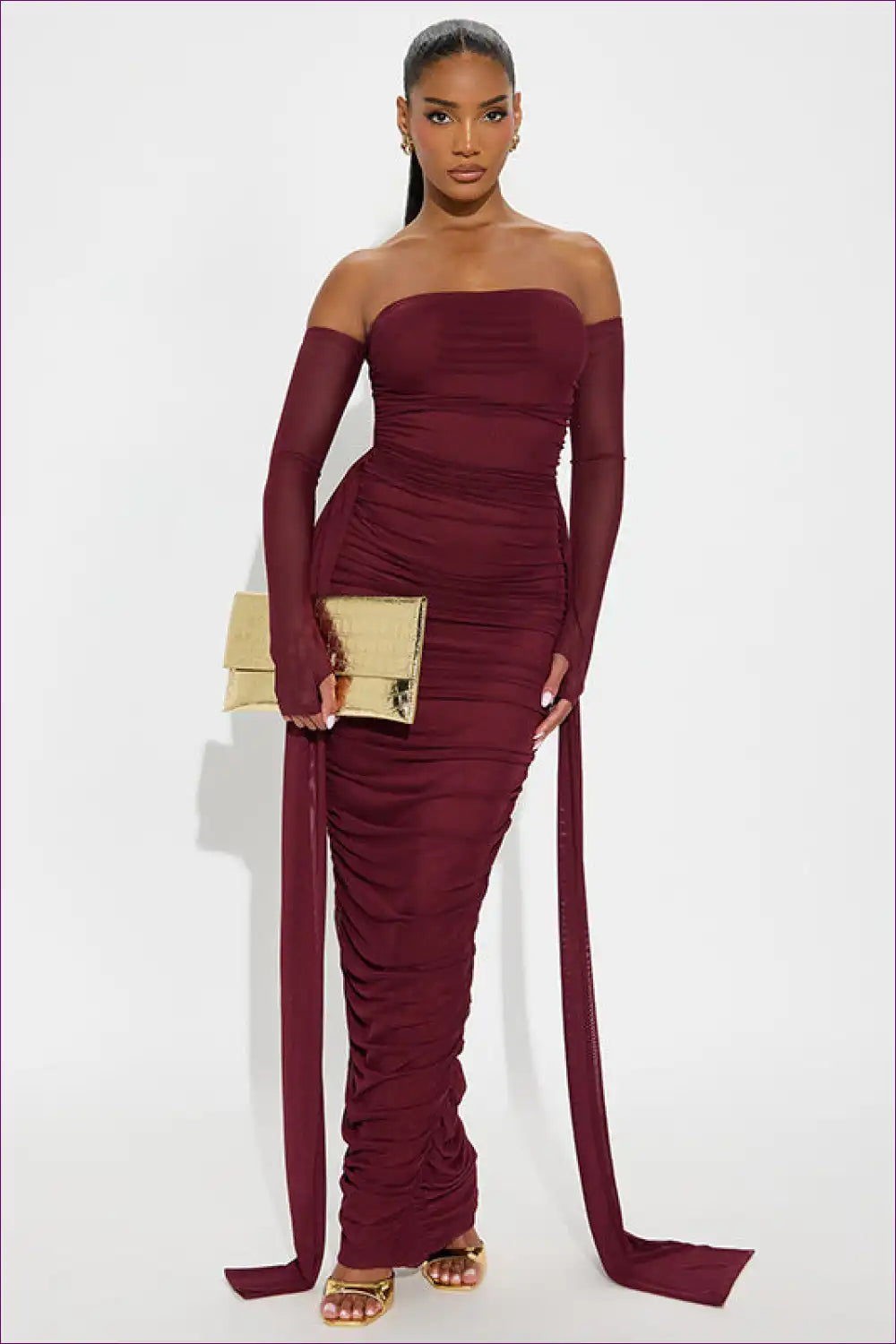 Off Shoulder Mesh Ruched Maxi Dress with Ribbon Detail for Evening Wear, Formal Glamour, just In,