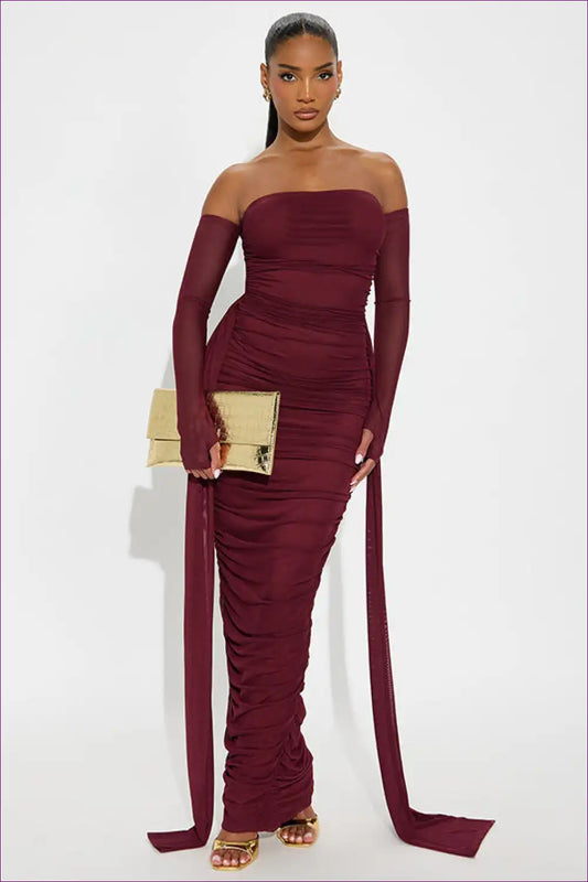 Off Shoulder Mesh Ruched Maxi Dress with Ribbon Detail for Evening Wear, Formal Glamour, just In,
