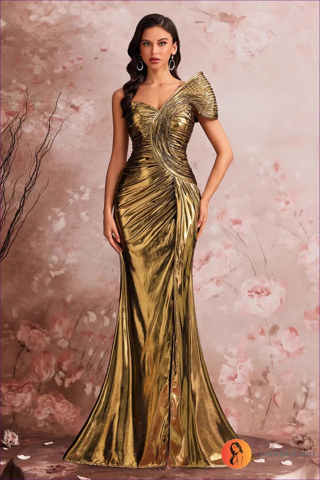 One-Shoulder Metallic Fishtail Maxi Dress - Thigh Slit