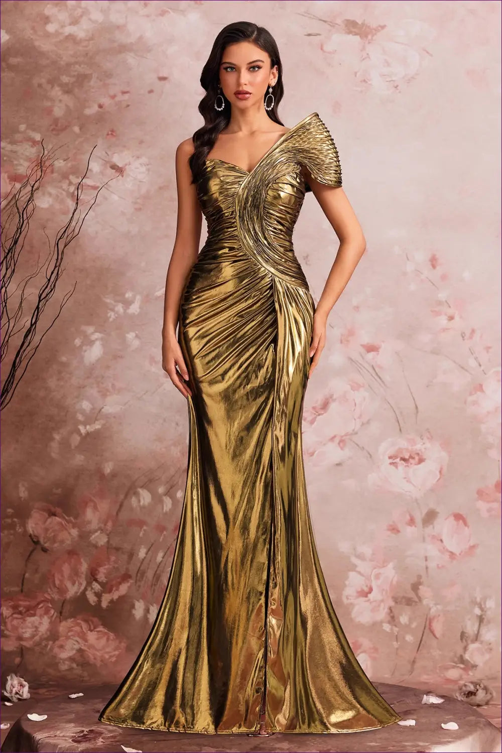 One-shoulder Metallic Fishtail Maxi Dress - Thigh Slit - Bodycon • Elegant • just in • Elegance