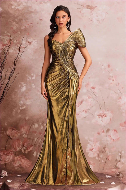One-shoulder Metallic Fishtail Maxi Dress - Thigh Slit - Bodycon • Elegant • just in • Elegance