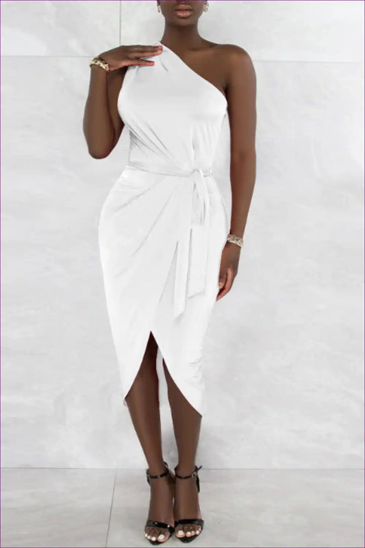 One Shoulder Midi Dress with Asymmetric Draping for Bodycon, Casual, Date Night, Dress, Everyday