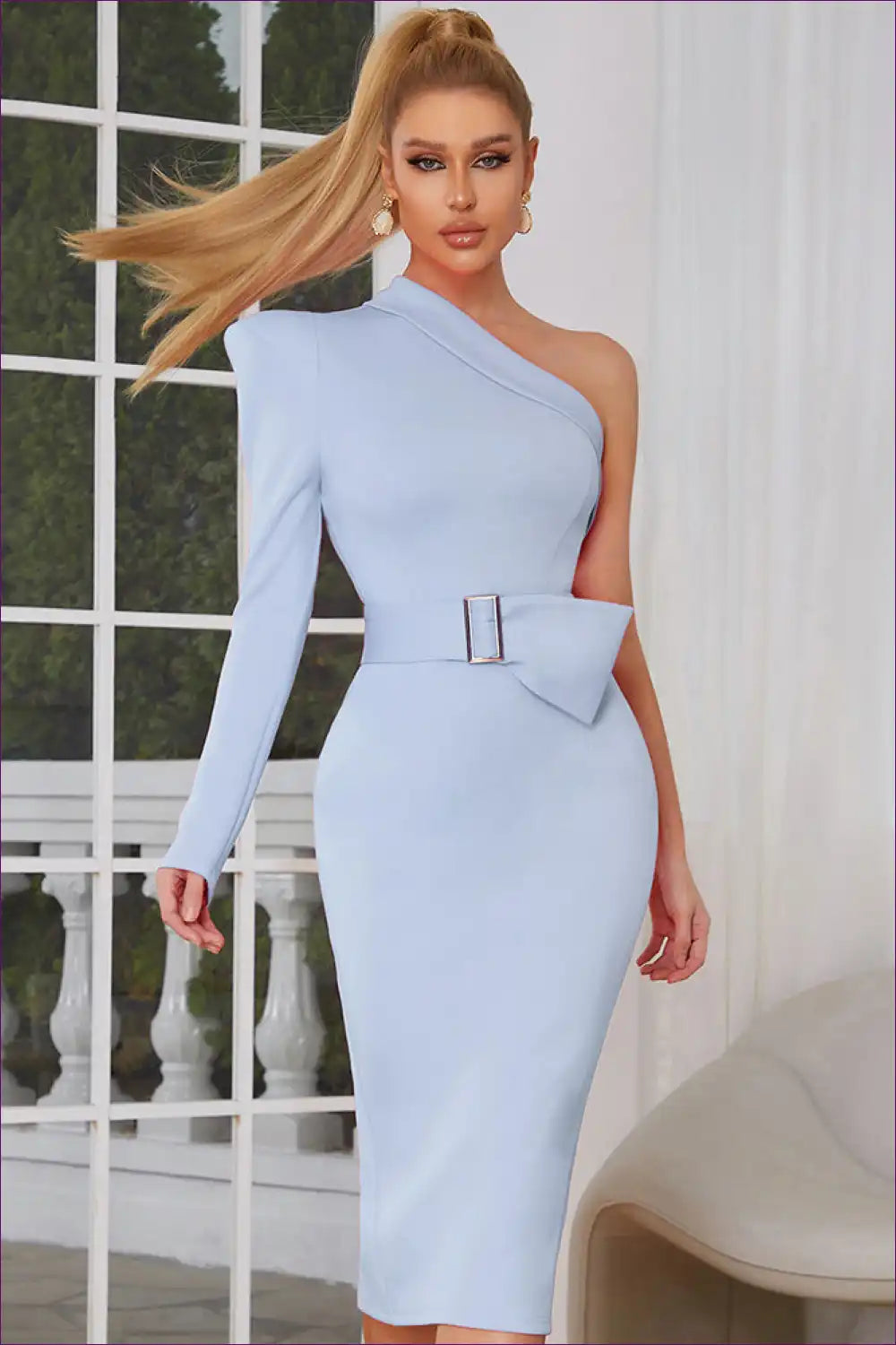 One-shoulder Midi Dress with Belt Detail - Modern Asymmetry