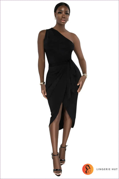 One Shoulder Midi Dress - Effortless Elegance - s / Black - Dresses - Asymmetric • Bodycon • Date Night • Evening Wear