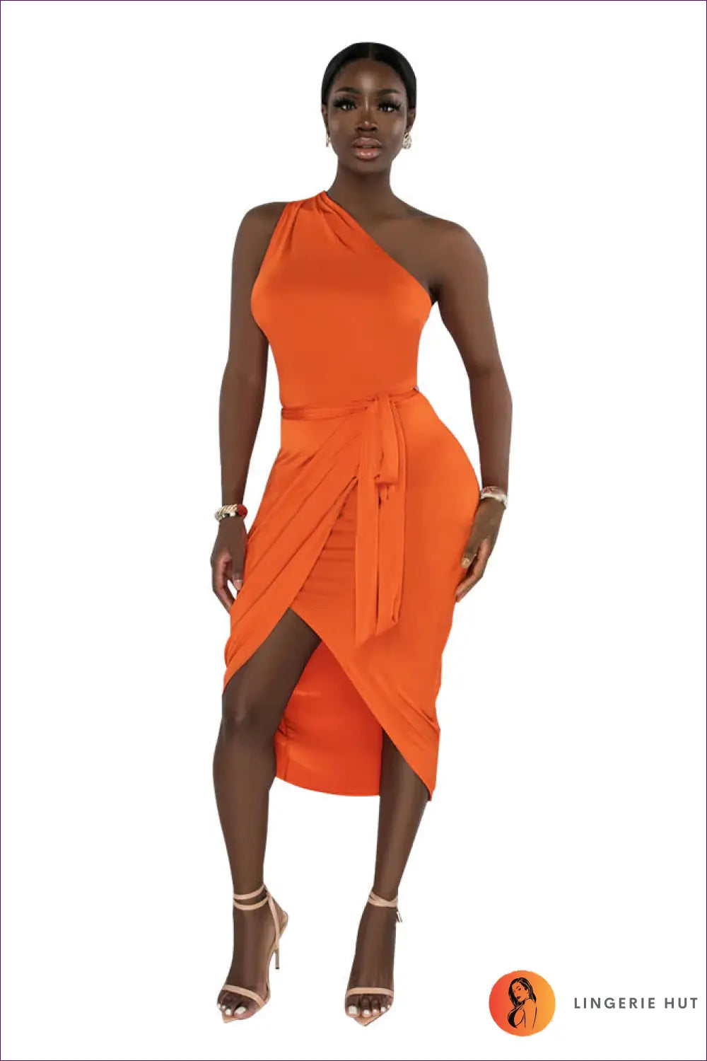 One Shoulder Midi Dress - Effortless Elegance - s / Orange - Dresses - Asymmetric • Bodycon • Date Night • Evening Wear