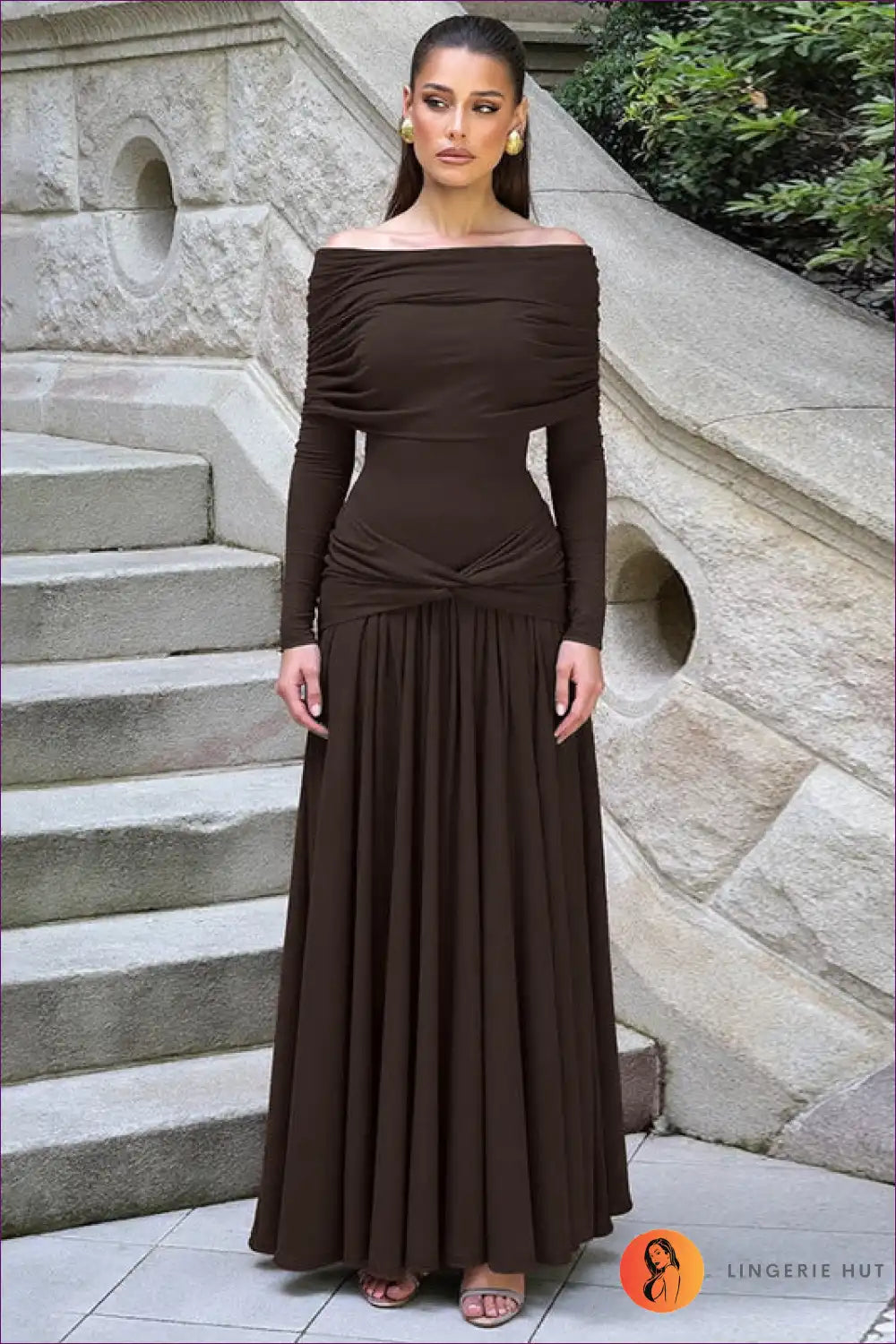 Off Shoulder Pleated Maxi Dress - Effortless Day Elegance for A-line, Autumn, Casual, Everyday, Formal Wear