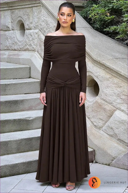 Off Shoulder Pleated Maxi Dress - Effortless Day Elegance for A-line, Autumn, Casual, Everyday, Formal Wear