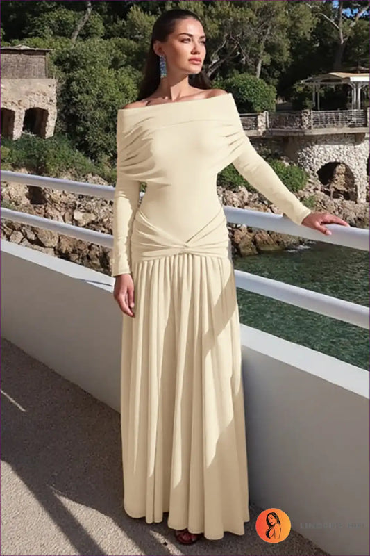 Off Shoulder Pleated Maxi Dress - Effortless Day Elegance for A-line, Autumn, Casual, Everyday, Formal Wear