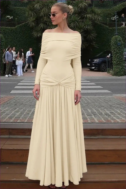 Off Shoulder Pleated Maxi Dress - Effortless Day Elegance for A-line, Autumn, Casual, Everyday, Formal Wear
