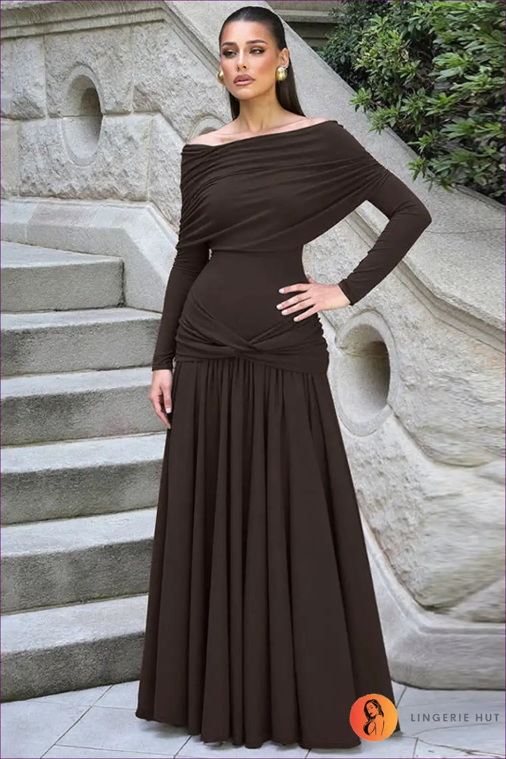 Off Shoulder Pleated Maxi Dress - Effortless Day Elegance for A-line, Autumn, Casual, Everyday, Formal Wear