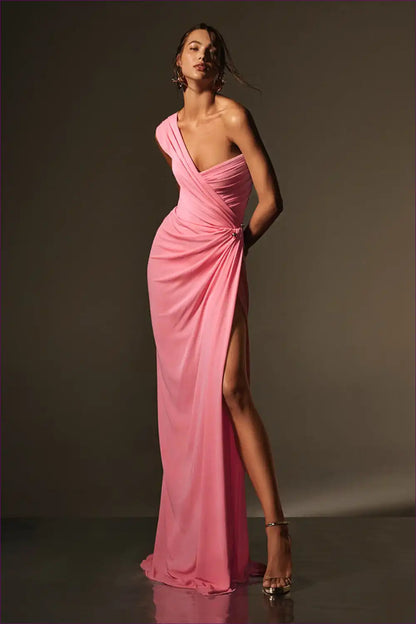 One-shoulder Pleated Maxi Dress with Side Slit - Modern Muse for Bodycon, Date Night, Dresses, Evening Wear,