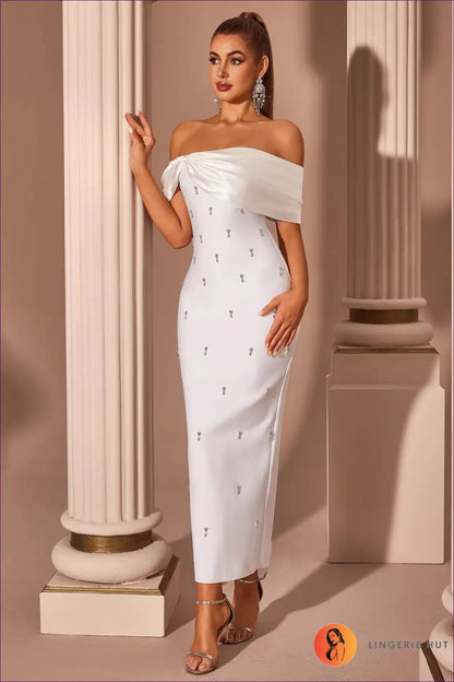 Off-shoulder Rhinestone Bodycon Maxi Dress - Draped Neckline - Elegant • just in • Ladys