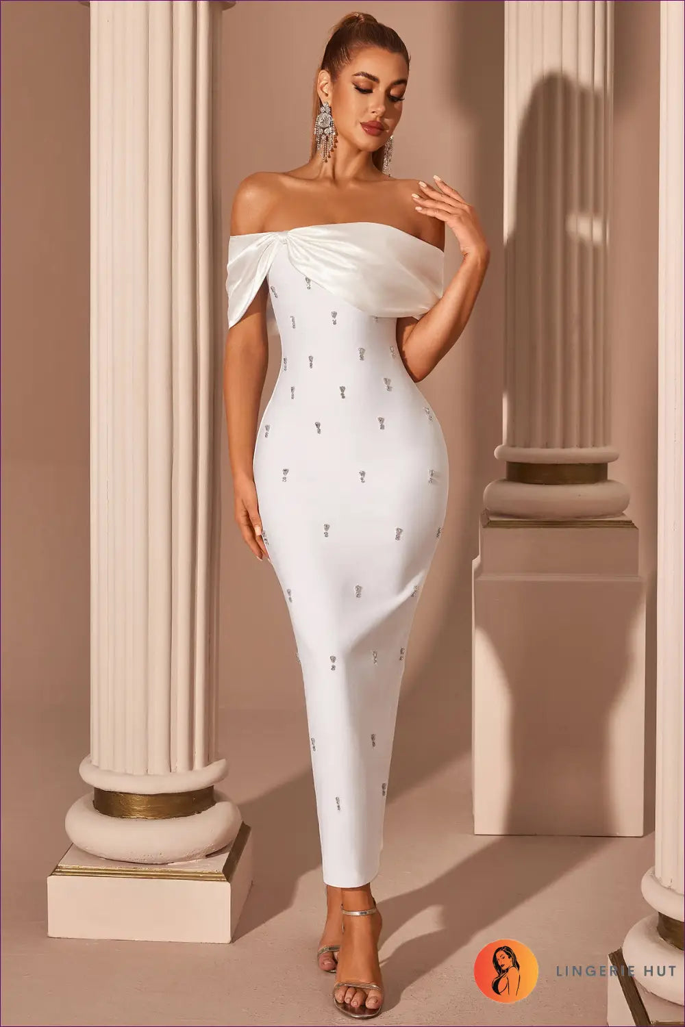 Off-shoulder Rhinestone Bodycon Maxi Dress - Draped Neckline - Xs / White - Elegant • just in • Ladys