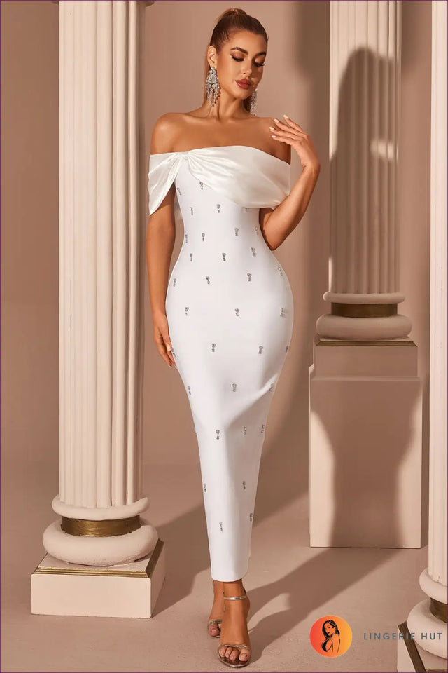 Off-Shoulder Rhinestone Bodycon Maxi Dress - Draped Neckline