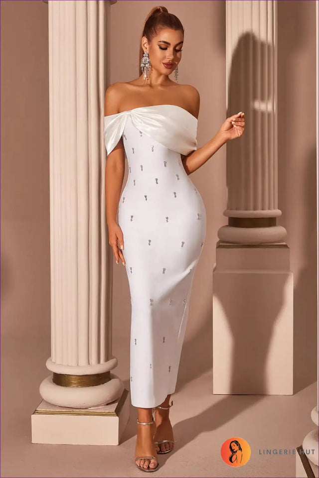 Off-Shoulder Rhinestone Bodycon Maxi Dress - Draped Neckline