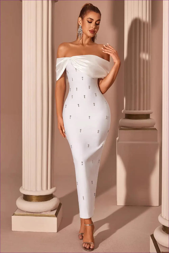 Off-Shoulder Rhinestone Bodycon Maxi Dress - Draped Neckline
