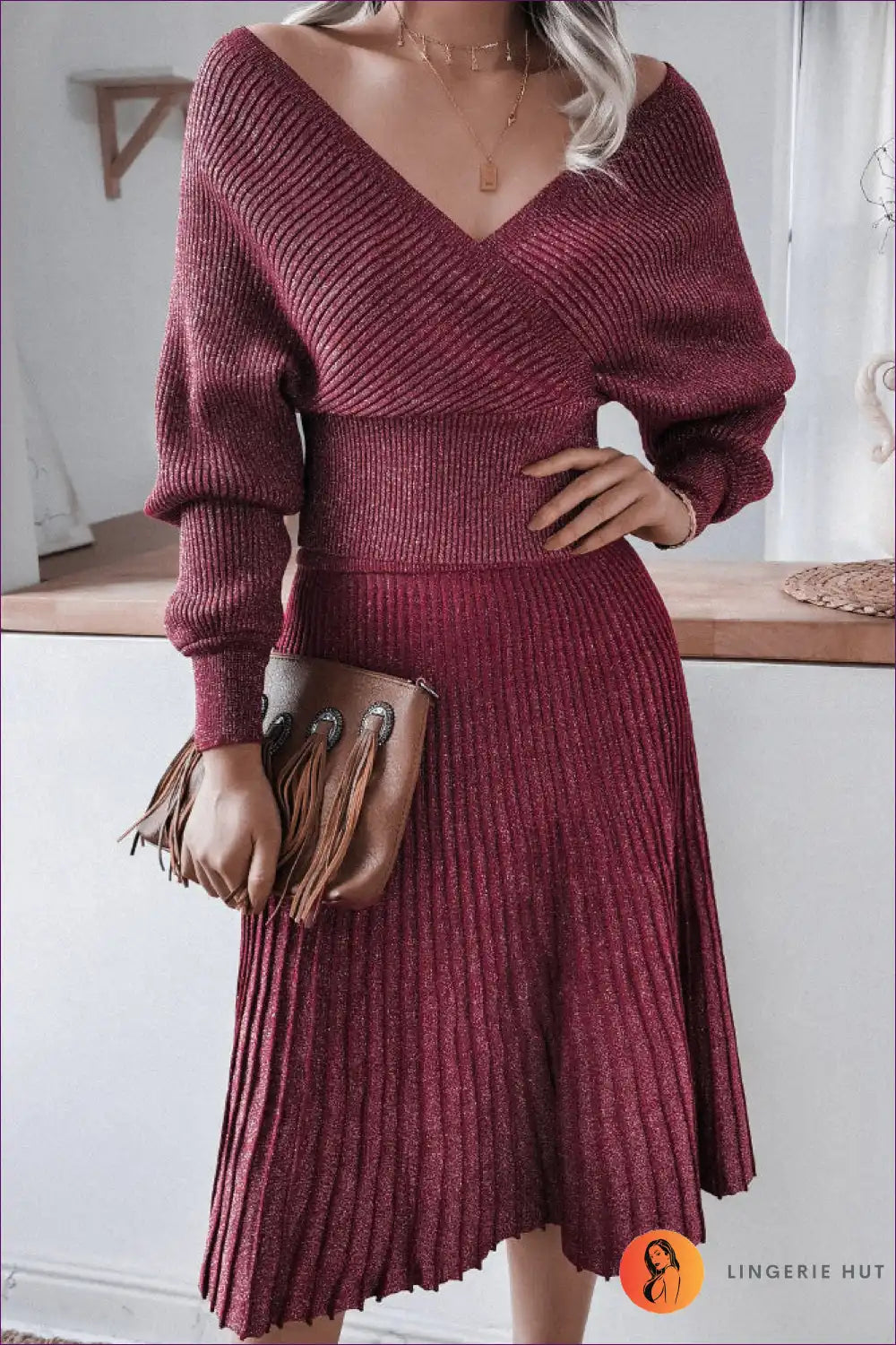 Off-shoulder Ribbed Knit Dress with Wrap Detail for Autumn, Casual, Dress, Dresses, Everyday