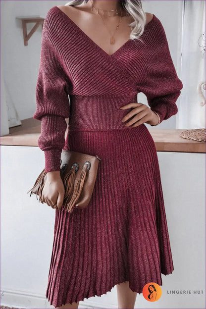 Off-shoulder Ribbed Knit Dress with Wrap Detail for Autumn, Casual, Dress, Dresses, Everyday