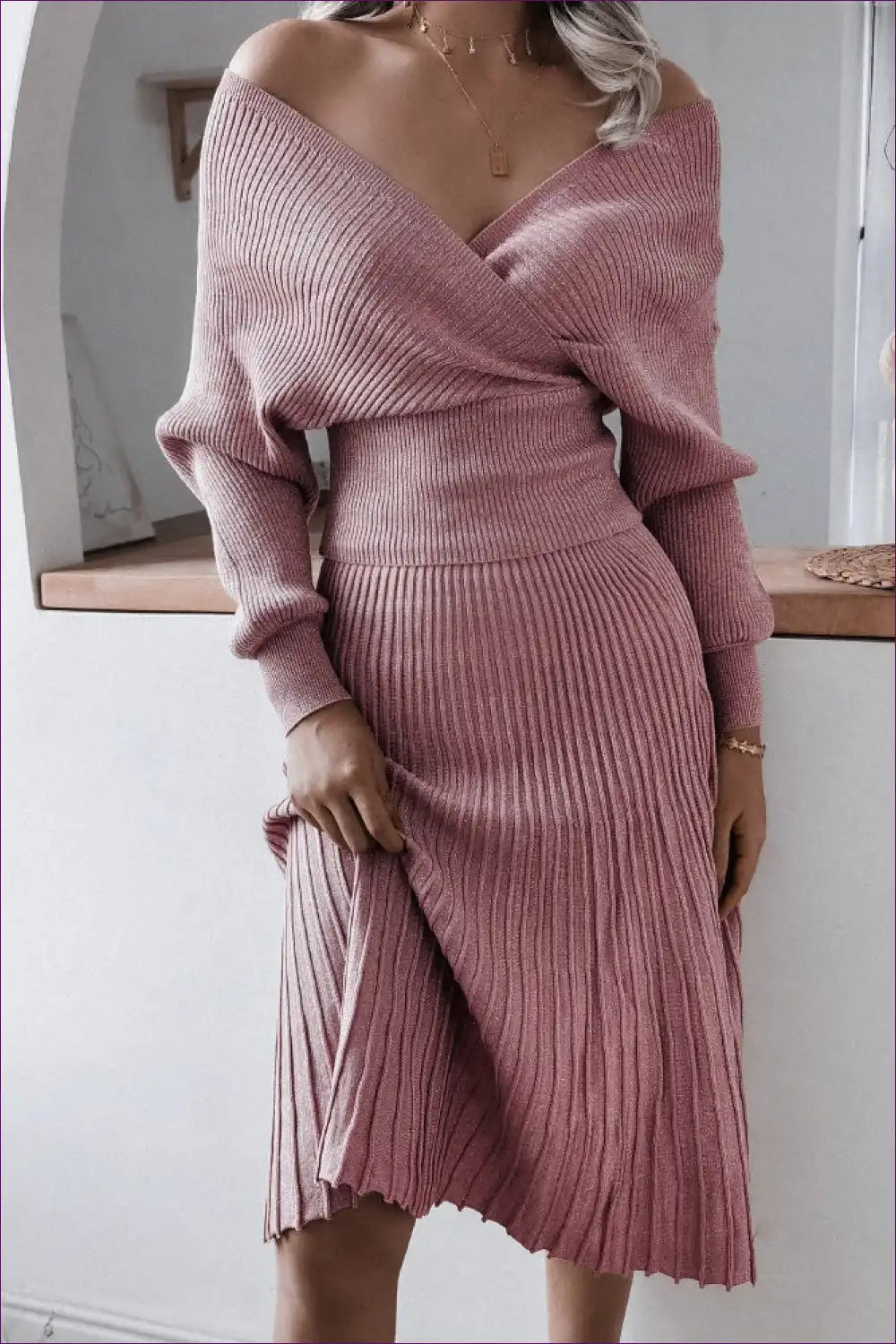 Off-shoulder Ribbed Knit Dress with Wrap Detail for Autumn, Casual, Dress, Dresses, Everyday