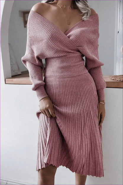 Off-shoulder Ribbed Knit Dress with Wrap Detail for Autumn, Casual, Dress, Dresses, Everyday
