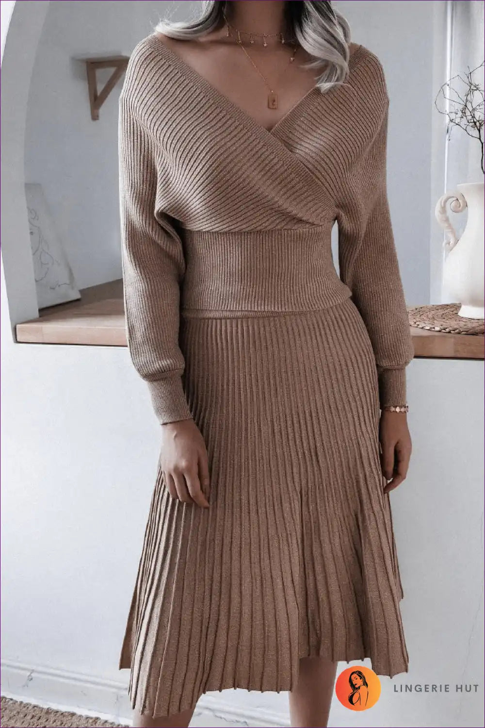 Off-shoulder Ribbed Knit Dress with Wrap Detail for Autumn, Casual, Dress, Dresses, Everyday