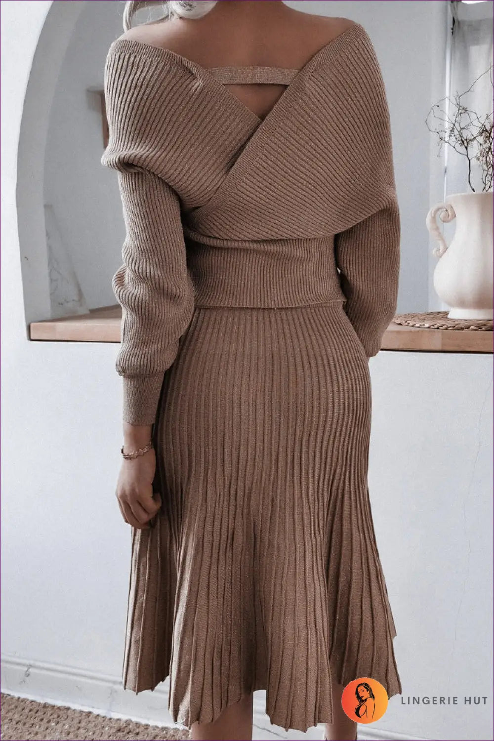 Off-shoulder Ribbed Knit Midi Dress - Effortless Elegance