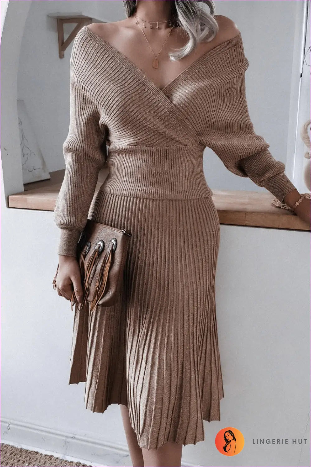 Off-shoulder Ribbed Knit Midi Dress - Effortless Elegance
