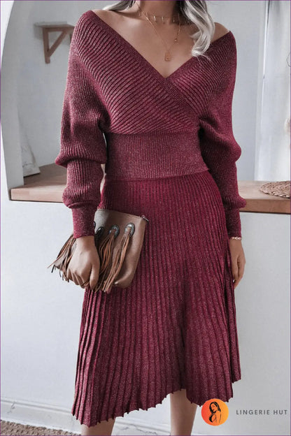 Off-shoulder Ribbed Knit Midi Dress - Effortless Elegance - one Size / Burgundy - Dresses - Lingerie Hut - Autumn