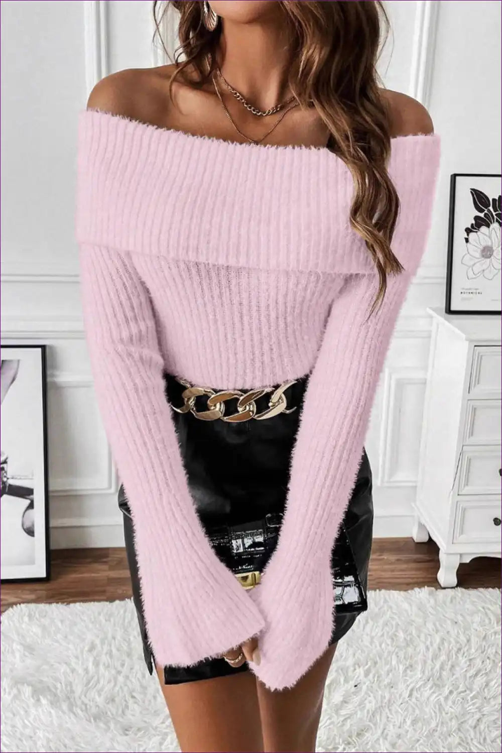 Off Shoulder Ribbed Knit Sweater - Modern Cosy Glam for Autumn, Casual, Everyday, Jersey,