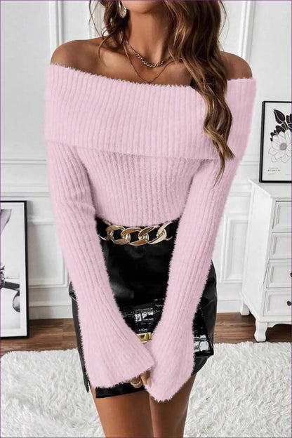 Off Shoulder Ribbed Knit Sweater - Modern Cosy Glam for Autumn, Casual, Everyday, Jersey,