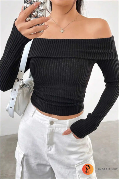 Off-shoulder Ribbed Knit Top - Effortless Everyday Chic for Autumn, Casual, Crop, Everyday,